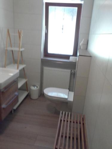 baño pequeño con aseo y ventana en Renovierte Ferienwohnung in Zandt mit Garten und Grill, en Zandt
