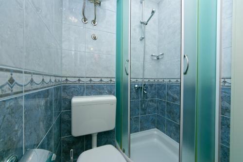 a bathroom with a toilet and a shower and a tub at Guest house Lenka in Brela