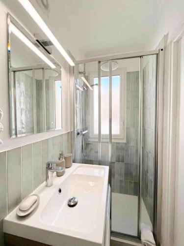 une salle de bain blanche avec un lavabo et une douche dans l'établissement Le Diderot : Apt 2 Prs, 10 min plages, parking, à Antibes