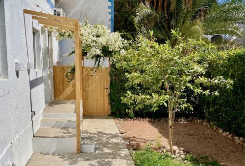 a garden with a wooden door and a tree at Lagoon Apartment in Dahab