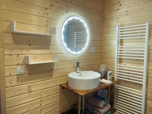 a bathroom with a sink and a mirror at Gîte Mas des ricochets in Aigremont