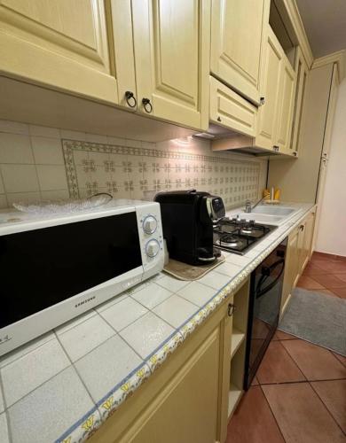 una cucina con forno a microonde su un bancone di B&B L’ORCHIDEA a Bisceglie