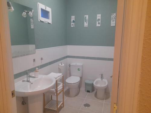 a bathroom with a sink and a toilet and a mirror at HOSTAL ENTREOLIVOS in Badajoz