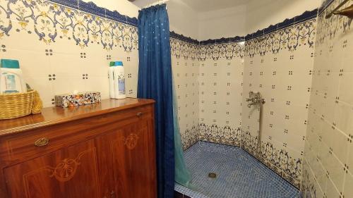 y baño con ducha y azulejos azules y blancos. en Casa Rural La Solana, en Benamaurel