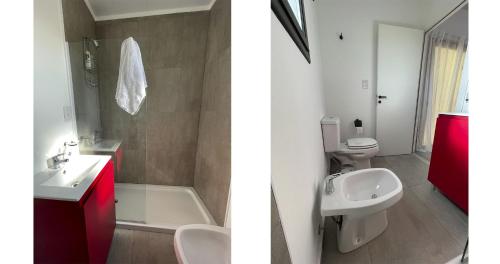 2 Bilder eines Badezimmers mit Waschbecken und WC in der Unterkunft Cazon Containers - Módulo Pájaro Carpintero in Saladillo
