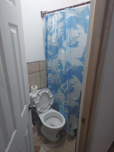 a bathroom with a toilet with a blue shower curtain at APARTAMENTO AMATILAN in Amatitlán