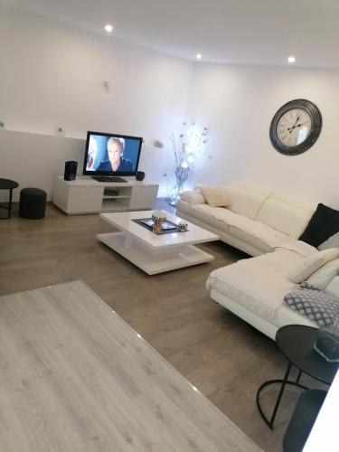 un salon avec un canapé et une télévision dans l'établissement Appt moderne 50m2 avec terrasse, à Rouvroy