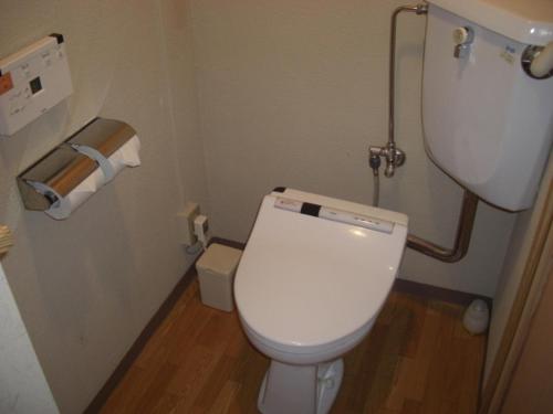 La salle de bains est pourvue de toilettes et d'un rouleau de papier toilette. dans l'établissement Ryokan Yukeikohan Suitenkaku, à Matsue