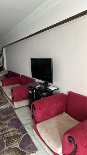 uma sala de estar com sofás vermelhos e uma televisão de ecrã plano em Lily house em Alexandria
