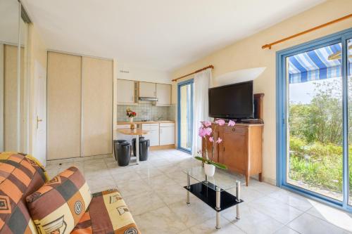 a living room with a couch and a tv at Appartement Numéro 1 - piscine in Valbonne