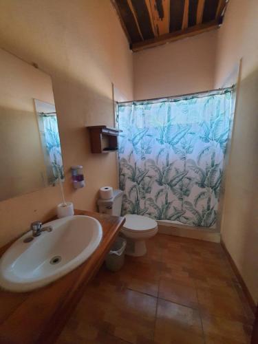 a bathroom with a sink and a toilet with a shower curtain at Habitacion cerca del lago in Flores