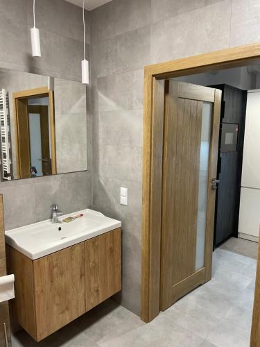 a bathroom with a sink and a mirror at Apartament Jarosław in Jarosław