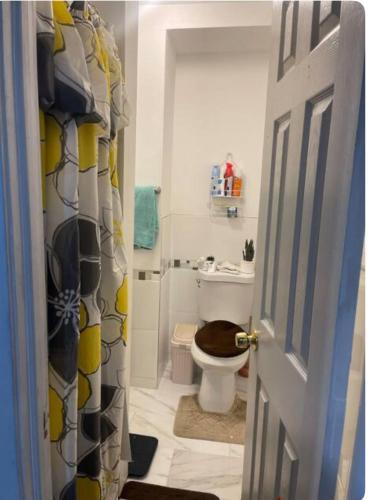 a bathroom with a toilet and a shower curtain at Home away from home in Laurelton