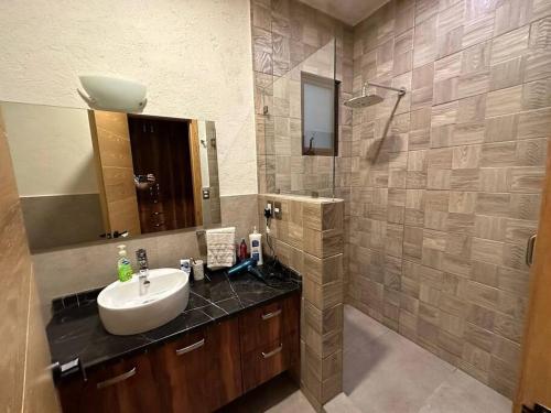 a bathroom with a sink and a shower at Departamento Maximus Val'Quirico in Santeagueda