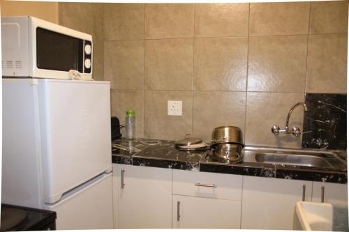 a kitchen with a white refrigerator and a microwave at City Centre Apartment in Mbabane