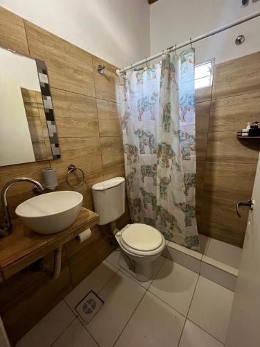 La salle de bains est pourvue de toilettes, d'un lavabo et d'une douche. dans l'établissement Hospedaje L H Ezeiza B, à Ezeiza