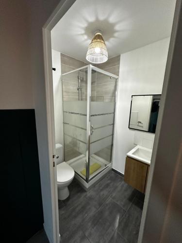 a bathroom with a shower and a toilet and a sink at BtoBed - Studios Paris Le Bourget in Le Bourget