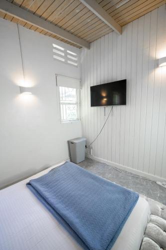 1 dormitorio con 1 cama y TV en la pared en holiday home 2 bed, en DʼArbeau