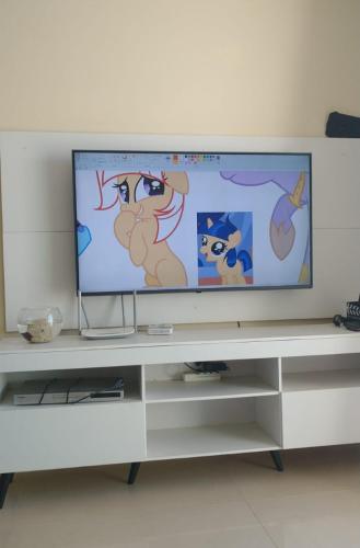 a flat screen tv sitting on a white entertainment center at Alice in Porto Seguro
