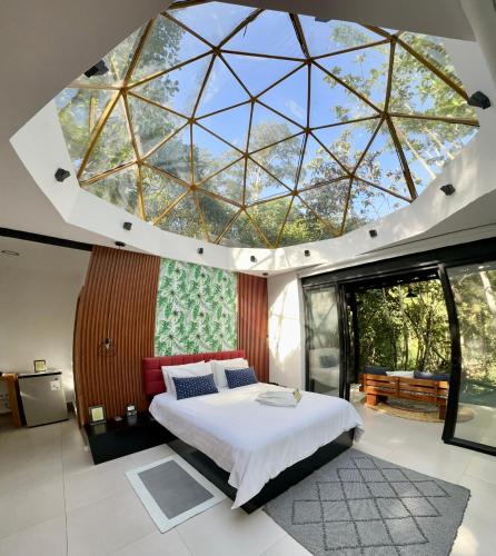 Schlafzimmer mit einem großen Bett und einer großen Glasdecke in der Unterkunft Macas Glamping in Macas