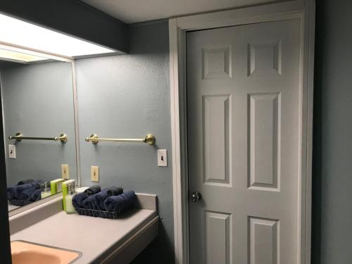 a bathroom with a sink and a mirror at Lamplighter Motel in Longmont