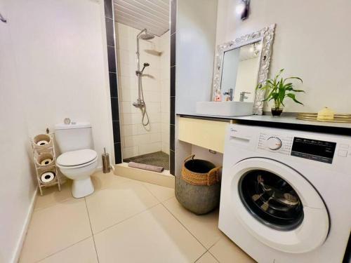 a bathroom with a washing machine and a toilet at Studio à deux pas de la Plage in Atiue