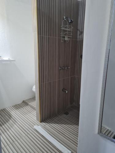 a shower in a bathroom with a mirror at Sky Beach Rooms in Lucea
