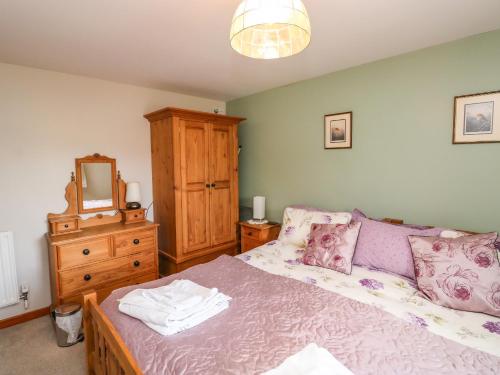 a bedroom with a bed and a dresser and a mirror at Otters Holt in North Molton