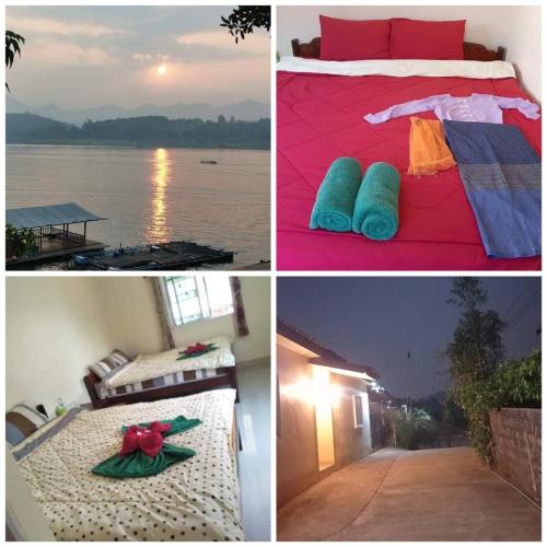 a collage of four pictures of a bed and a lake at Baan Dongsak River view in Sangkhla Buri