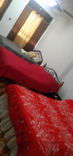 dwa łóżka z czerwoną kołdrą na nich w pokoju w obiekcie Melrose homestay and transport w mieście Kampong Parit