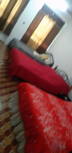 2 czerwone poduszki na łóżku w pokoju w obiekcie Melrose homestay and transport w mieście Kampong Parit