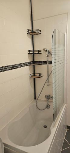 een badkamer met een bad en een douche bij Studio entre mer et garrigues in Portel-des-Corbières