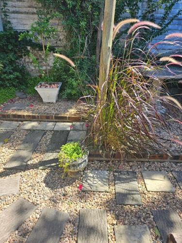 a garden with a stone walkway and some plants at le'Cottage on Raymond in Scottburgh