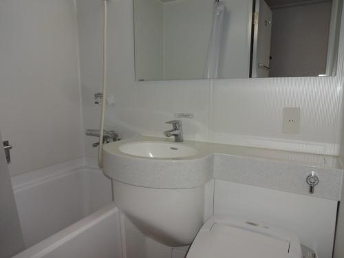 a white bathroom with a sink and a toilet at Hotel Alpha-One Izumo in Izumo