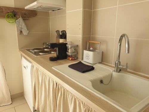 a kitchen counter with a sink and a coffee maker at Appartement le loft in Saintes-Maries-de-la-Mer