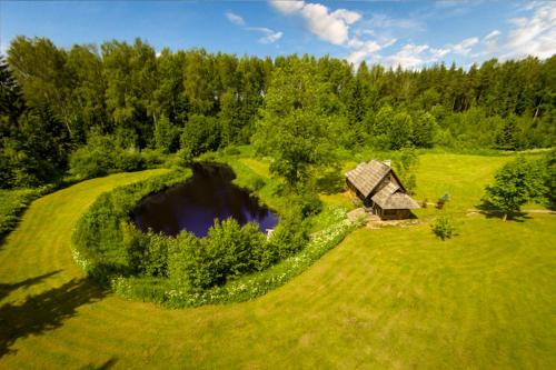 an aerial view of a house in a field with a pond at Truu Holiday Houses in Ivaste