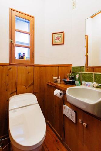a bathroom with a toilet and a sink at レイドバックシャレー in Hakuba