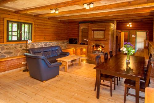 ein Wohnzimmer mit einem Sofa, einem Tisch und einem Kamin in der Unterkunft Truu Holiday Houses in Ivaste