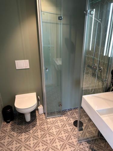 a bathroom with a toilet and a glass shower at Finsnes Gaard in Finnsnes