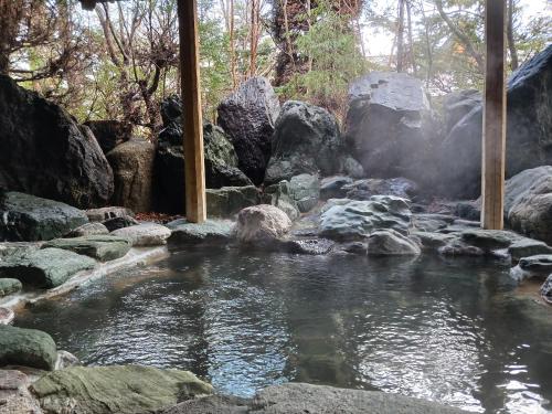 una piscina de agua con rocas y árboles en Kofukaku Kuwarubi, en Fujikawaguchiko
