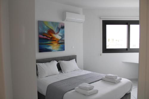 Hypnos Residence في نيقوسيا: غرفة نوم عليها سرير وفوط