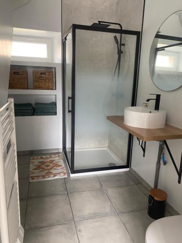 La salle de bains est pourvue d'une douche et d'un lavabo. dans l'établissement Gîte à la ferme de la Corbinais, à Saint-Cast-le-Guildo