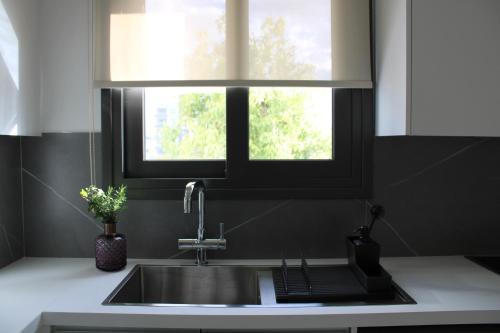 Hypnos Residence في نيقوسيا: وجود مغسلة مطبخ مع نافذة في المطبخ