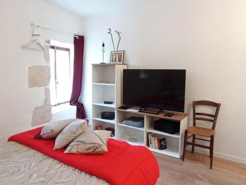 - une chambre avec une télévision et une couverture rouge sur un lit dans l'établissement Studio cosy en pleine nature dans maison en pierre avec piscine et wifi, à Saint-Romain-et-Saint-Clément