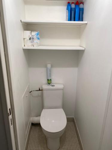 Elle comprend une petite salle de bains pourvue de toilettes blanches et d'étagères. dans l'établissement Le Studio Robespierre, à Ivry-sur-Seine