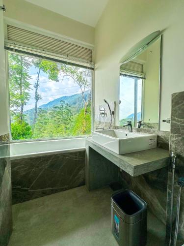 a bathroom with a sink and a large window at Flaming Tree Resorts in Kiriwan Eliya