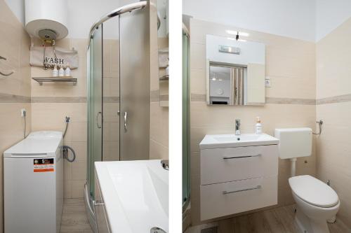 two pictures of a bathroom with a toilet and a sink at Charming Apartment next to Roman Amphitheater in Pula