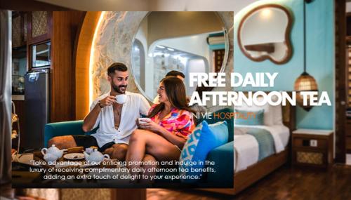 a flyer for a free daily afternoon tea in a hotel room at Aksari Villa Seminyak by Ini Vie Hospitality in Seminyak