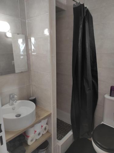 La salle de bains est pourvue d'un rideau de douche noir à côté d'un lavabo. dans l'établissement Résidence Richelieu port position centrale studio cosy 2 adultes piscine place de parking privative vue Mont Saint Martin, au Cap d'Agde