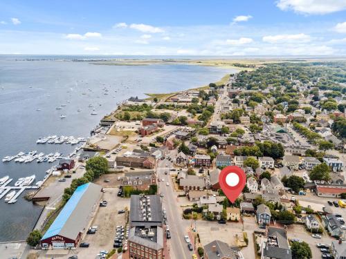 an aerial view of a town with a red marker at Downtown Steps to Waterfront "The Garden" in Newburyport